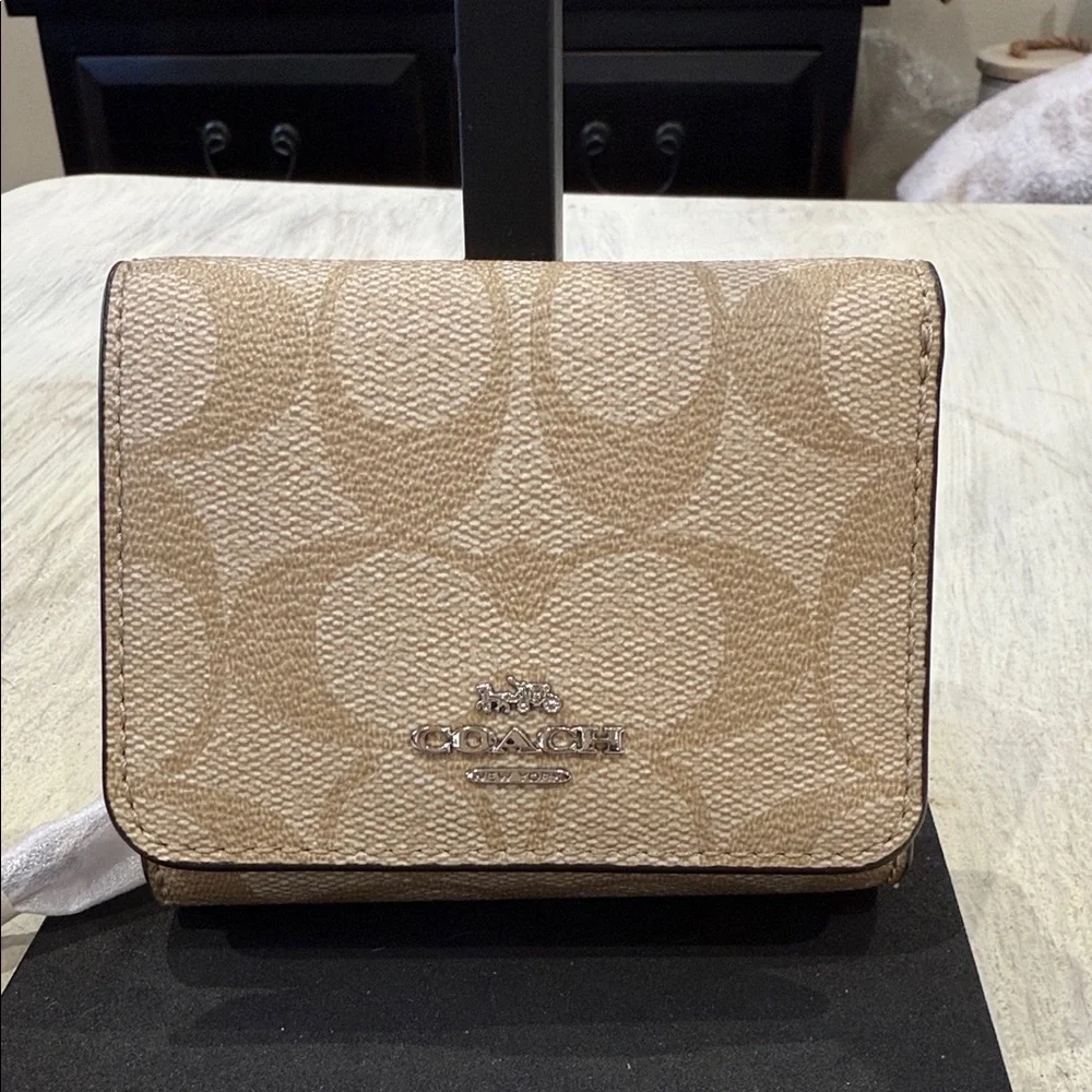 Coach Beige Signature Trifold Wallet- Pink Leather Interior